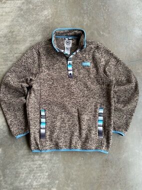 Cinch Brown Heathered Quarter Button Sweater with Blue Serape Trim